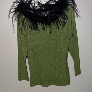 BEREK , Green Sweater with Black Feather Trim size M